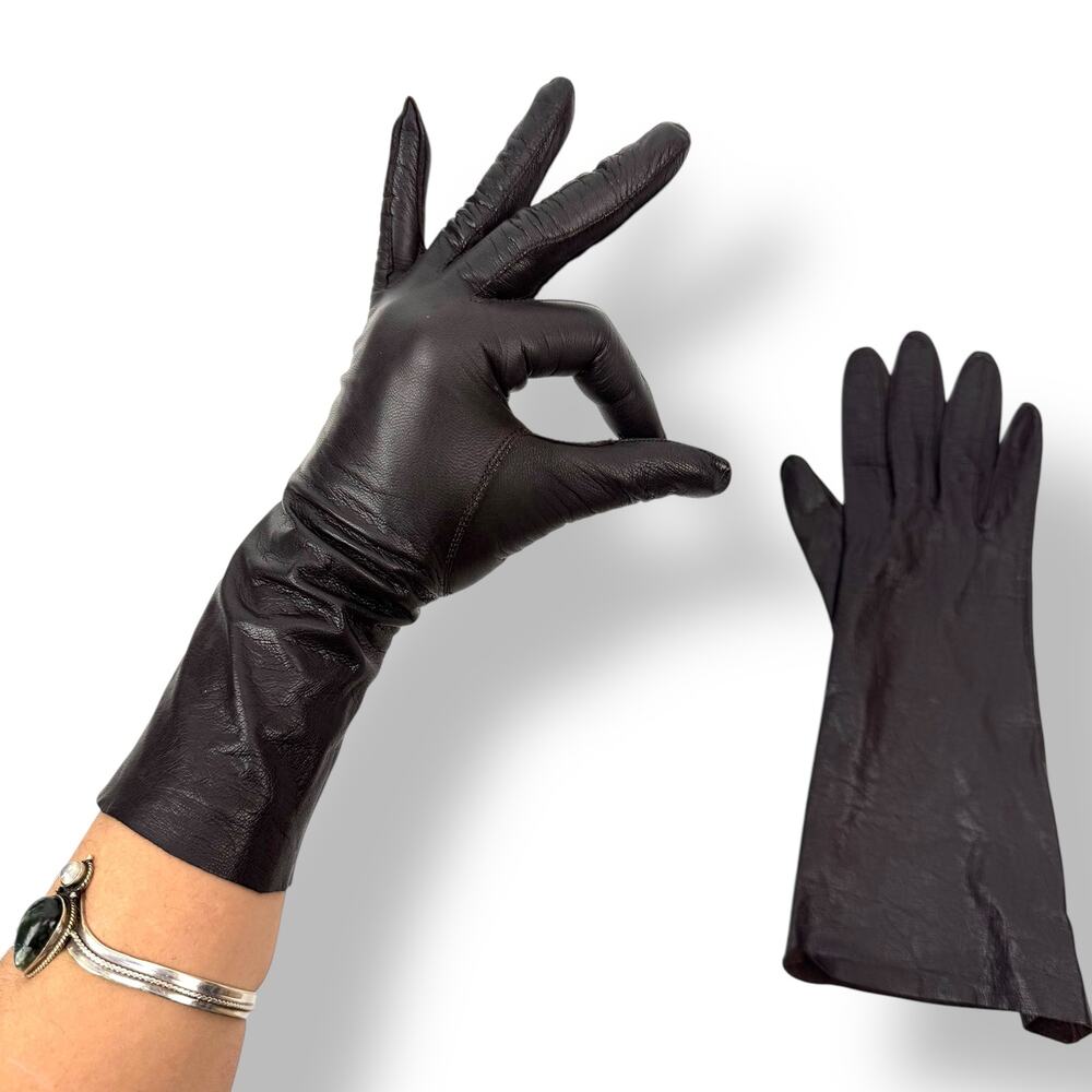 ❌SOLD❌1950's French designer black brown kid goat skin leather long gloves - Picture 5 of 14